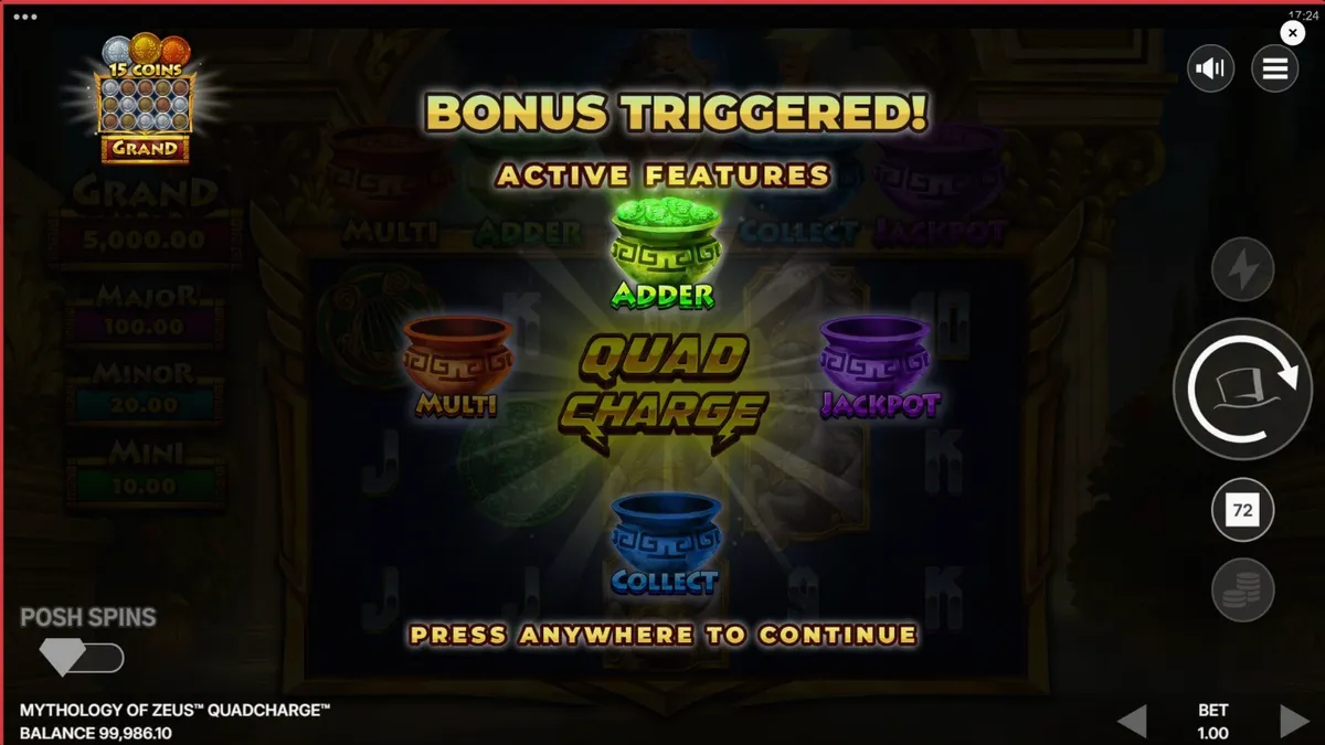 Tampilan visual slot Mythology of Zeus QUADCHARGE dengan latar belakang Gunung Olympus dan petir.
