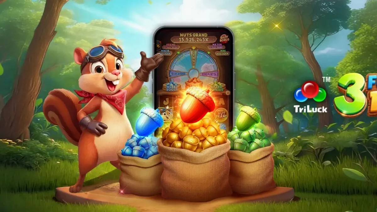 Tampilan visual slot 3 Fortune Nuts dengan tema hutan dan tupai