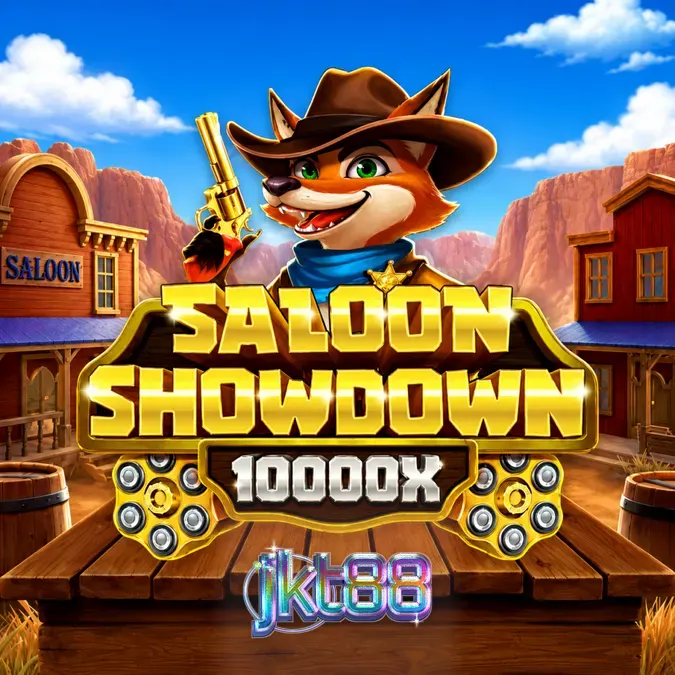 Tampilan visual slot Saloon Showdown 10,000x dengan tema koboi yang mendalam